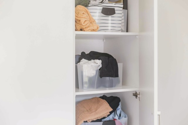 Organized bins on shelves in a closet