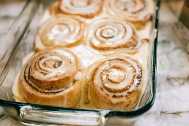 A tray of fresh cinnamon rolls