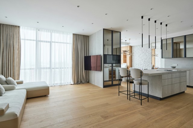 A living room with wood floors 