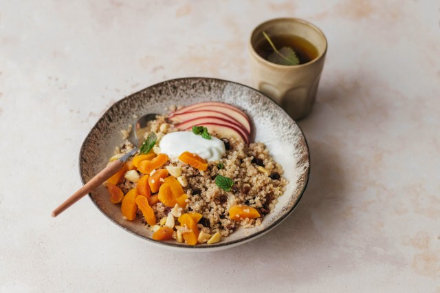 A bowl of food on a table